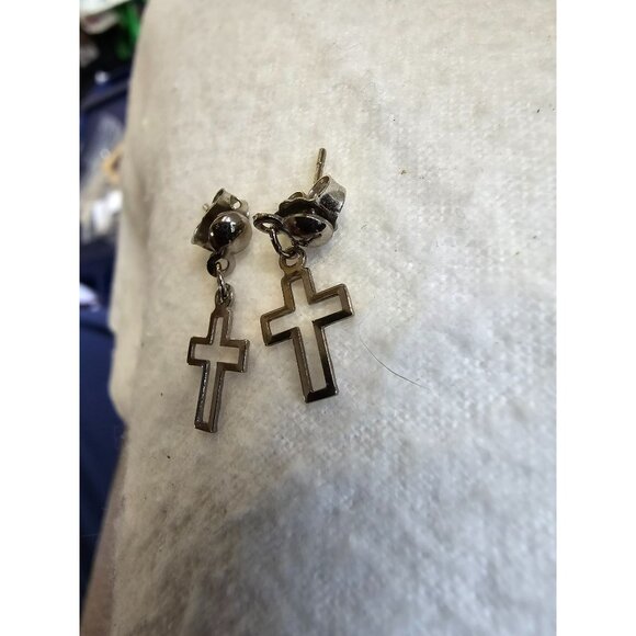 Tiny Short Dangle Outlined Silver Toned Earrings Cross Christian Casual Cute - Picture 5 of 9